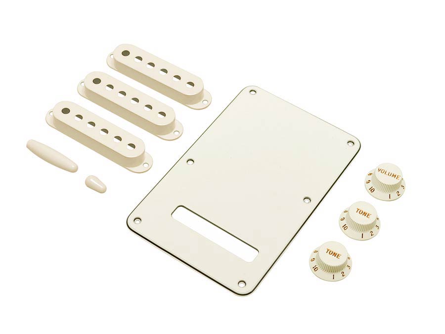 Fender 0991395000 strat accessory kit, contains pot knobs, switch tip, backplate, pickup covers, parchment