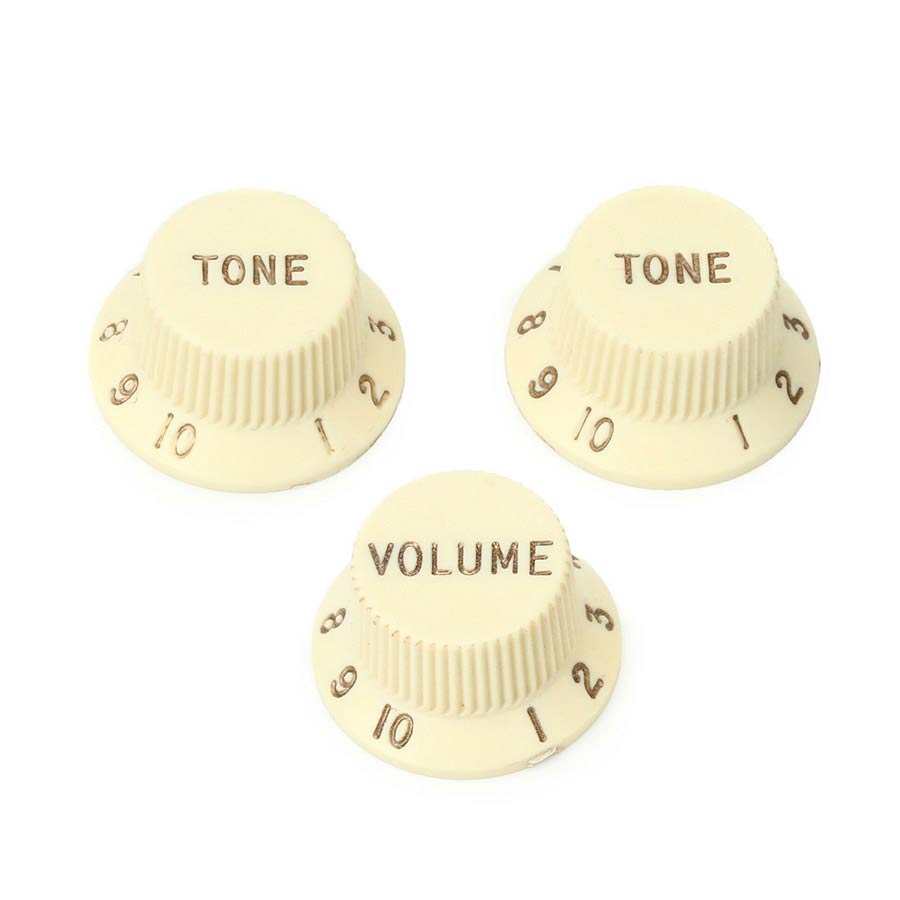 Fender 0991369002 strat knobs, left-handed, 1V + 2T, aged white