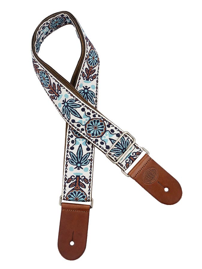 Gaucho GST-1180-1 guitar strap, 2” jacquard weave, brown leather slips, brown garment leather backing, white/blue