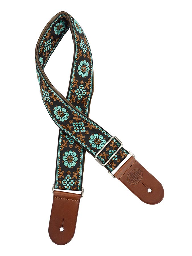 Gaucho GST-1180-3 guitar strap, 2” jacquard weave, brown leather slips, brown garment leather backing, brown/blue