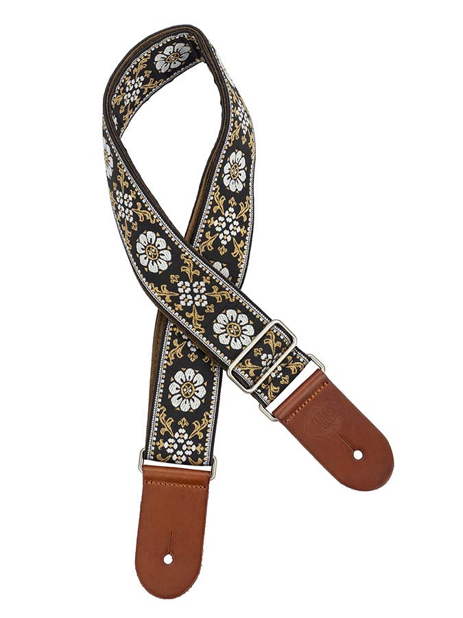 Gaucho GST-1180-4 guitar strap, 2” jacquard weave, brown leather slips, brown garment leather backing, white/black