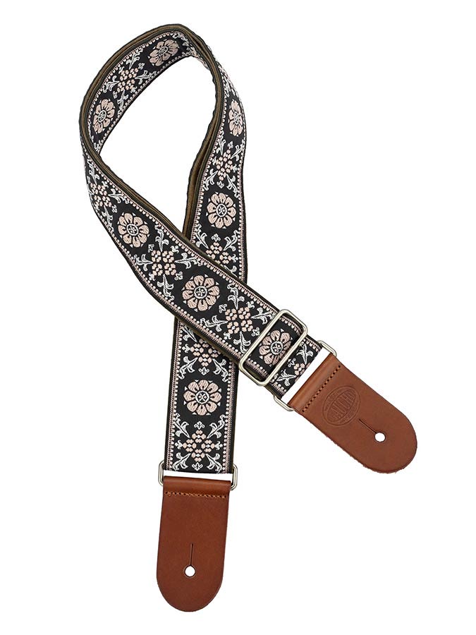 Gaucho GST-1180-5 guitar strap, 2” jacquard weave, brown leather slips, brown garment leather backing, yellow/black