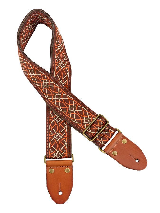 Gaucho GST-1280-1 guitar strap, 2" jacquard weave, leather slips with pins, brass buckle, suede backing, br/or