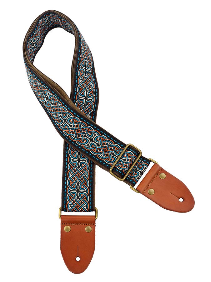 Gaucho GST-1280-2 guitar strap, 2" jacquard weave, leather slips with pins, brass buckle, suede backing, bk/bu