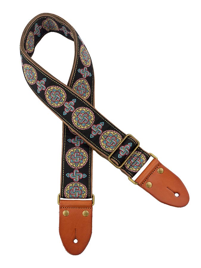 Gaucho GST-1280-4 guitar strap, 2" jacquard weave, leather slips with pins, brass buckle, suede backing, bk/bu/rd