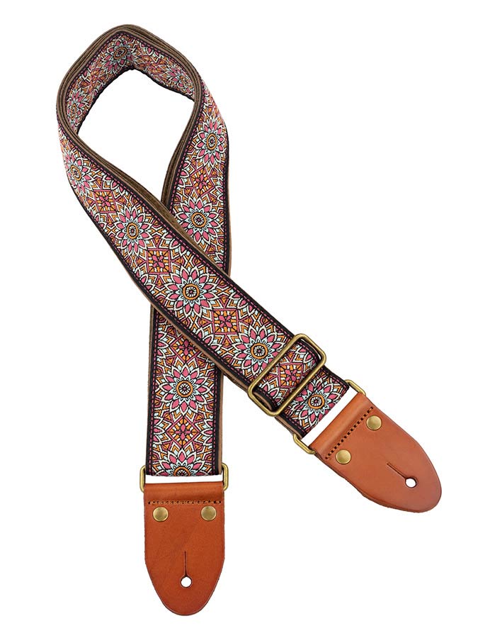 Gaucho GST-1280-6 guitar strap, 2" jacquard weave, leather slips with pins, brass buckle, suede backing, bk/bu/rd