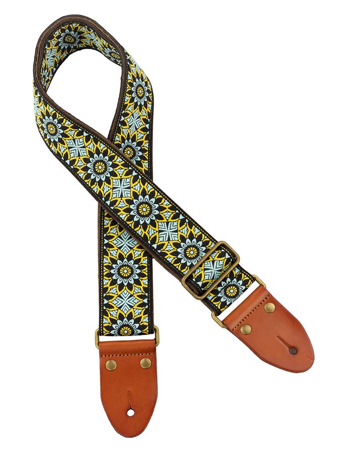 Gaucho GST-1280-7 guitar strap, 2" jacquard weave, leather slips with pins, brass buckle, suede backing, bk/bu/gn