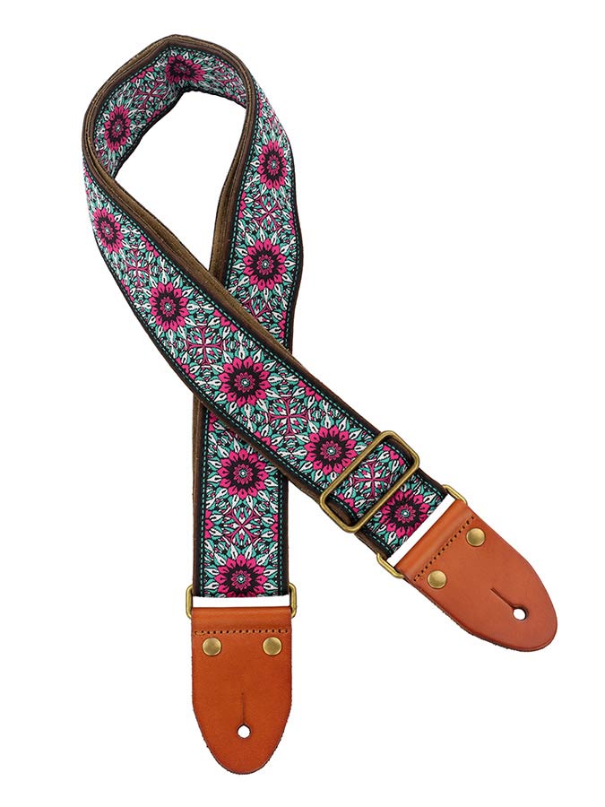 Gaucho GST-1280-8 guitar strap, 2" jacquard weave, leather slips with pins, brass buckle, suede backing, bk/bu/pk