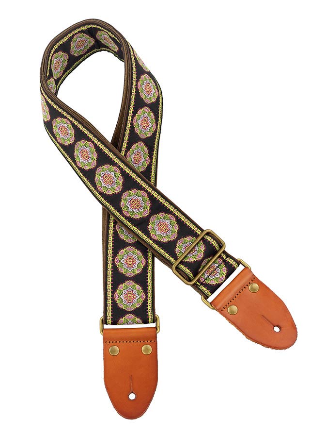Gaucho GST-1280-9 guitar strap, 2" jacquard weave, leather slips with pins, brass buckle, suede backing, bk/gn