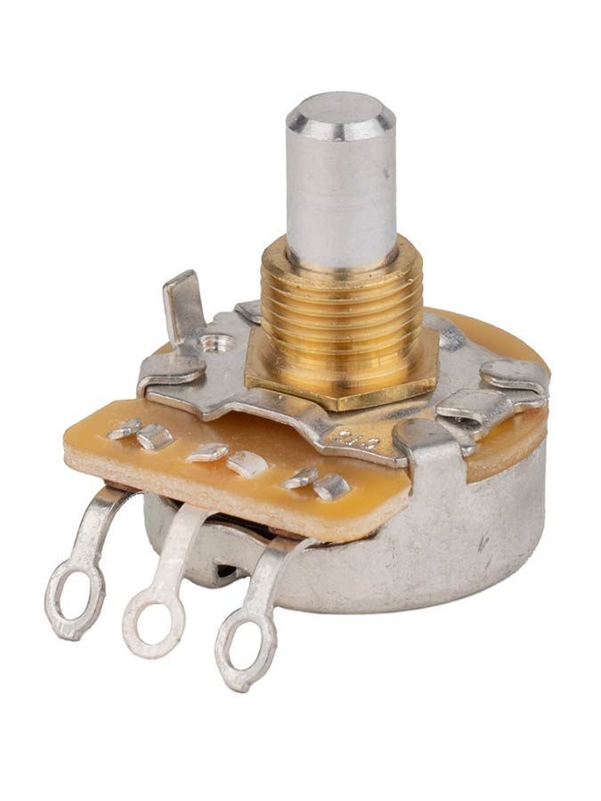 CTS USA CTS250-A77 potentiometer, short .250" bushing for pg mount, 3/8" diam. dished back, 250K vint. taper solid sha